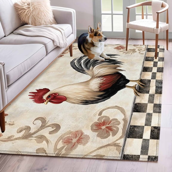 White Retro Rooster Area Rug 4x6 Washable Rug Non Slip Watercolor Pastoral Animals Plaid Large Area Rug Indoor Floor Carpet for Entryway Bedroom Kitchen Living Room Home Office Dining Room Nursery
