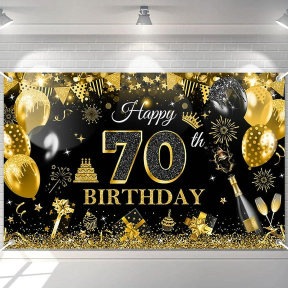 Happy 70th Birthday Backdrop for Men Women Black and Gold Glitter Balloons 70 Birthday Background 70 Years Old Birthday Party Decorations Banner Supplies Photo Booth Props