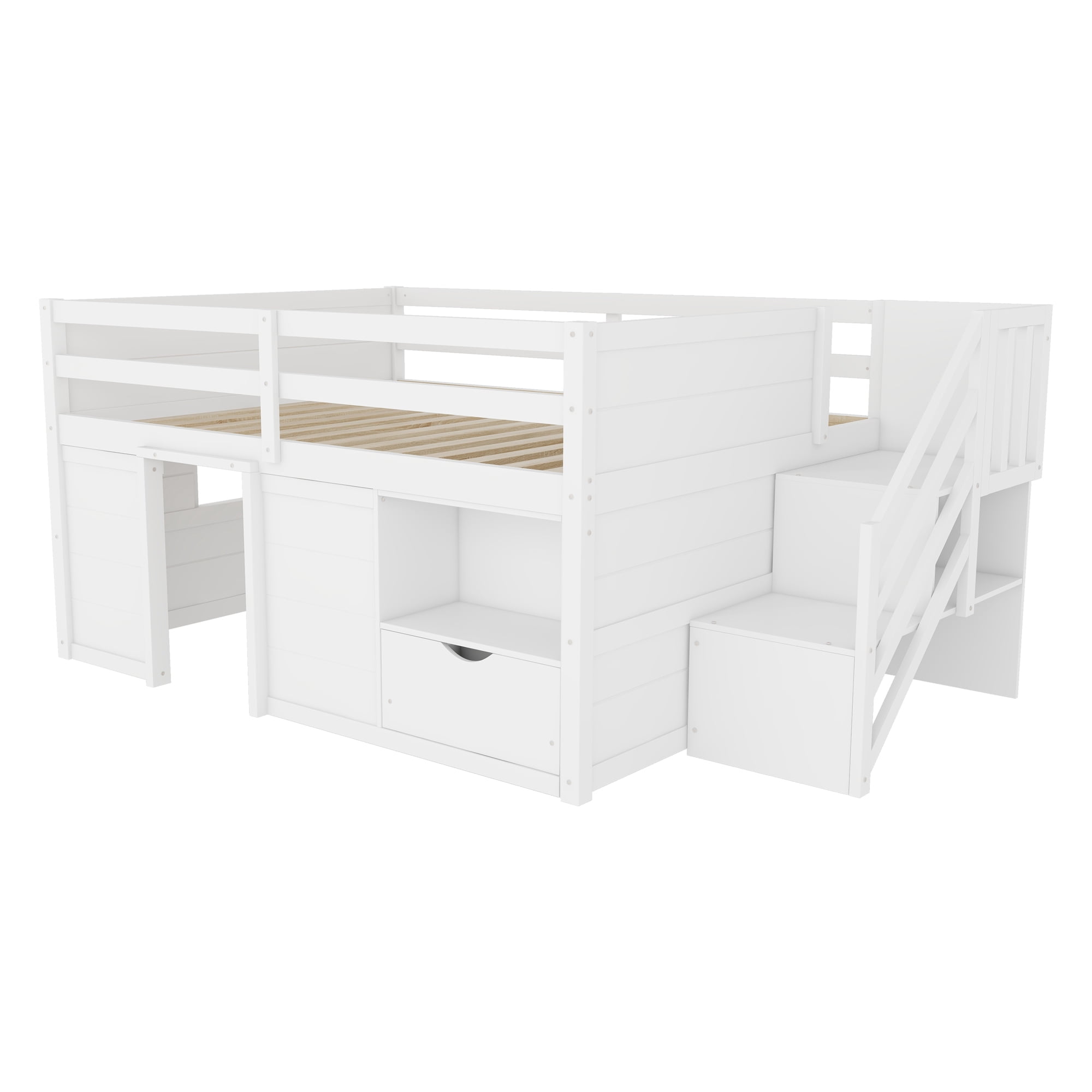 Leumius Full Size Loft Bed with Storage Stairs and Storage Drawers,Solid Wood Bed Frame with Large Under-Bed Space,White