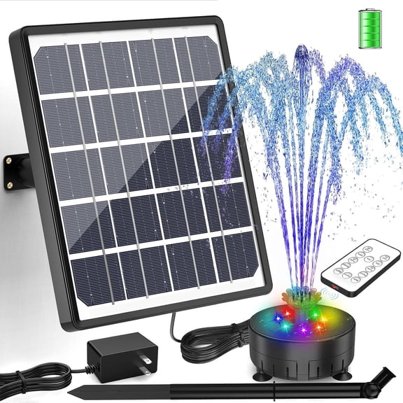 8W Solar Water Fountain Pump with Colorful LED Lights, 3000mAh Battery, Remote Control & 16 Nozzles for Garden, Bird Bath, Pond & Outdoor