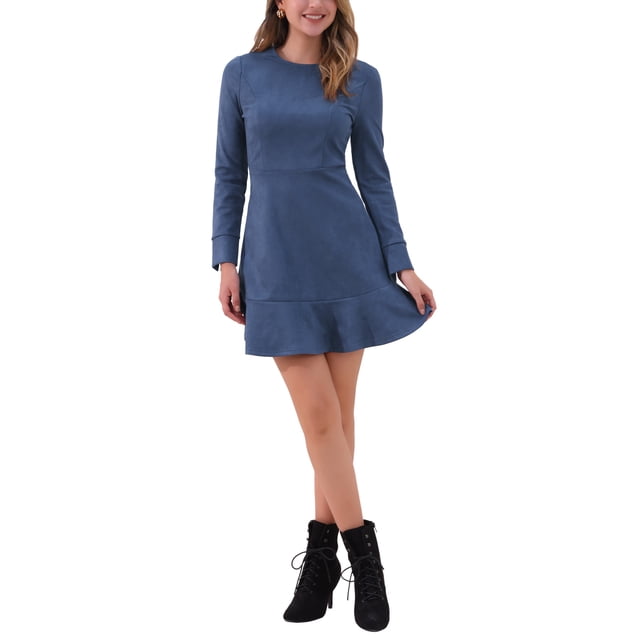 Vestido elegante de manga larga con volantes de ante sintético para mujer INSPIRE CHIC, cuello redondo, color azul oscuro, talla L