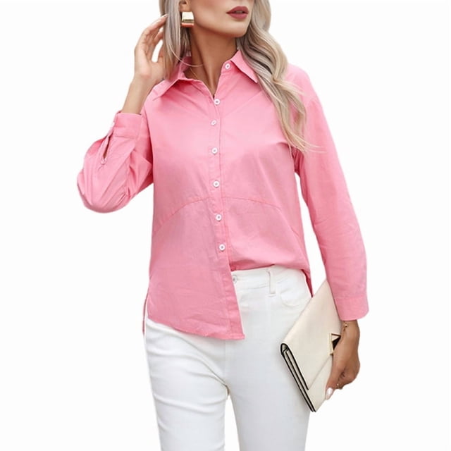 Camisas de Vestir de Larga con Botones para Mujer, Blusas de Oficina con Cuello Antiarrugas. Rosa 5XL