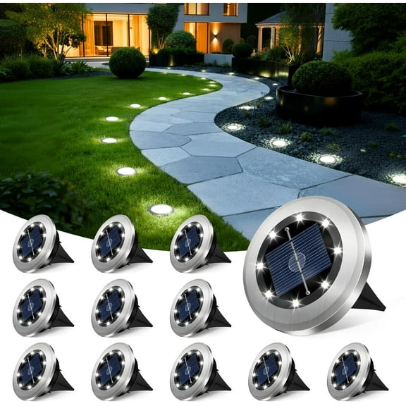 Solar Ground Lights 12-Pack Outdoor Waterproof Landscape LED Pathway Lighting Cold White