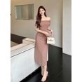 thumbnail image 5 of Dusty Pink Off-Shoulder Ruched Slim Fit Midi Dress For Women Elegant Casual Evening Cocktail Dress, 5 of 7