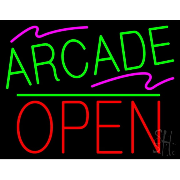 Arcade Block Open Green Line LED Neon Sign 24 x 31 - inches, Black Square Cut Acrylic Backing, with Dimmer - Bright and Premium built indoor LED Neon Sign for wall décor, arcarde, and storefront.