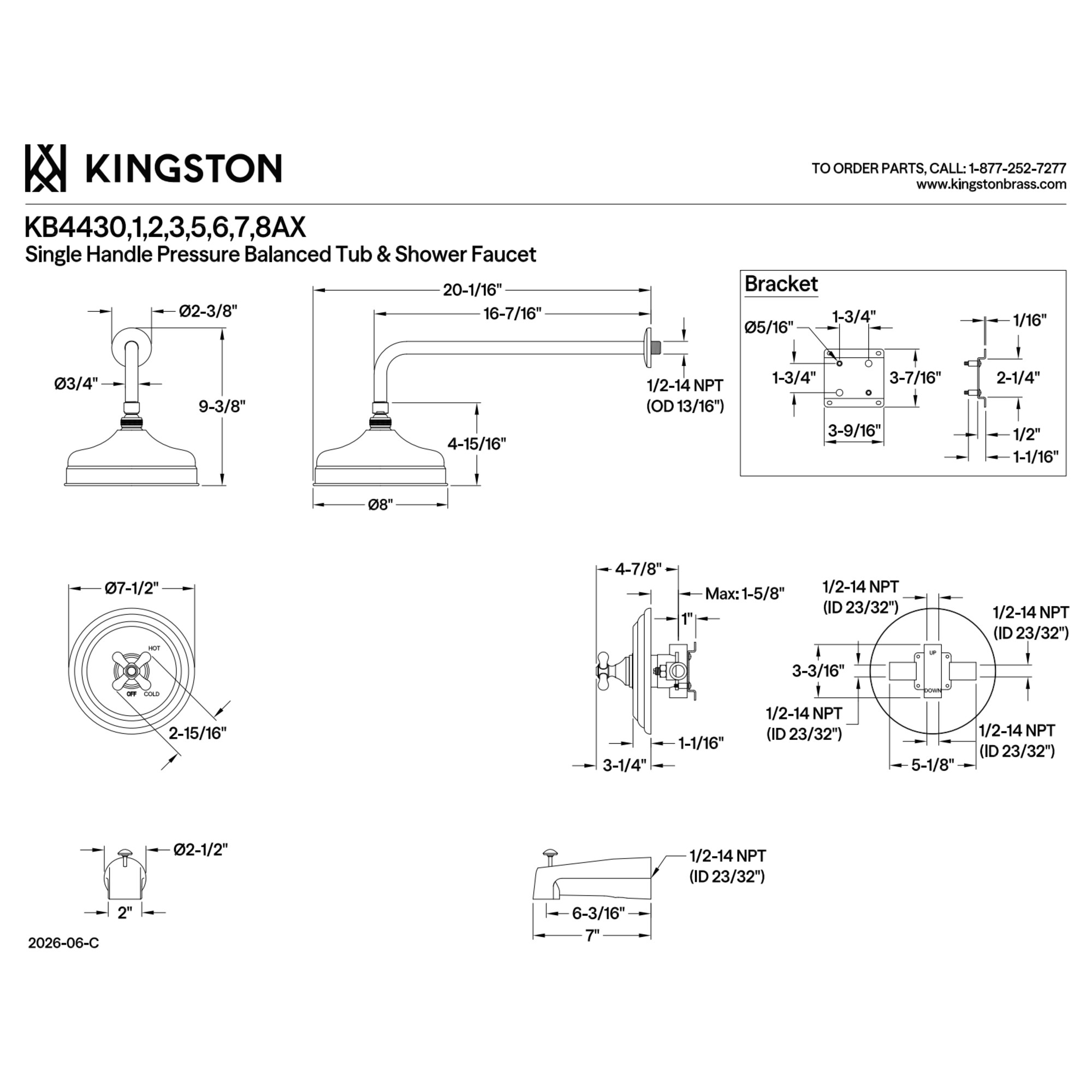 Kingston Brass KB4438AX Restoration Single-Handle Pressure Balanced Tub and Shower Faucet in Brushed Nickel