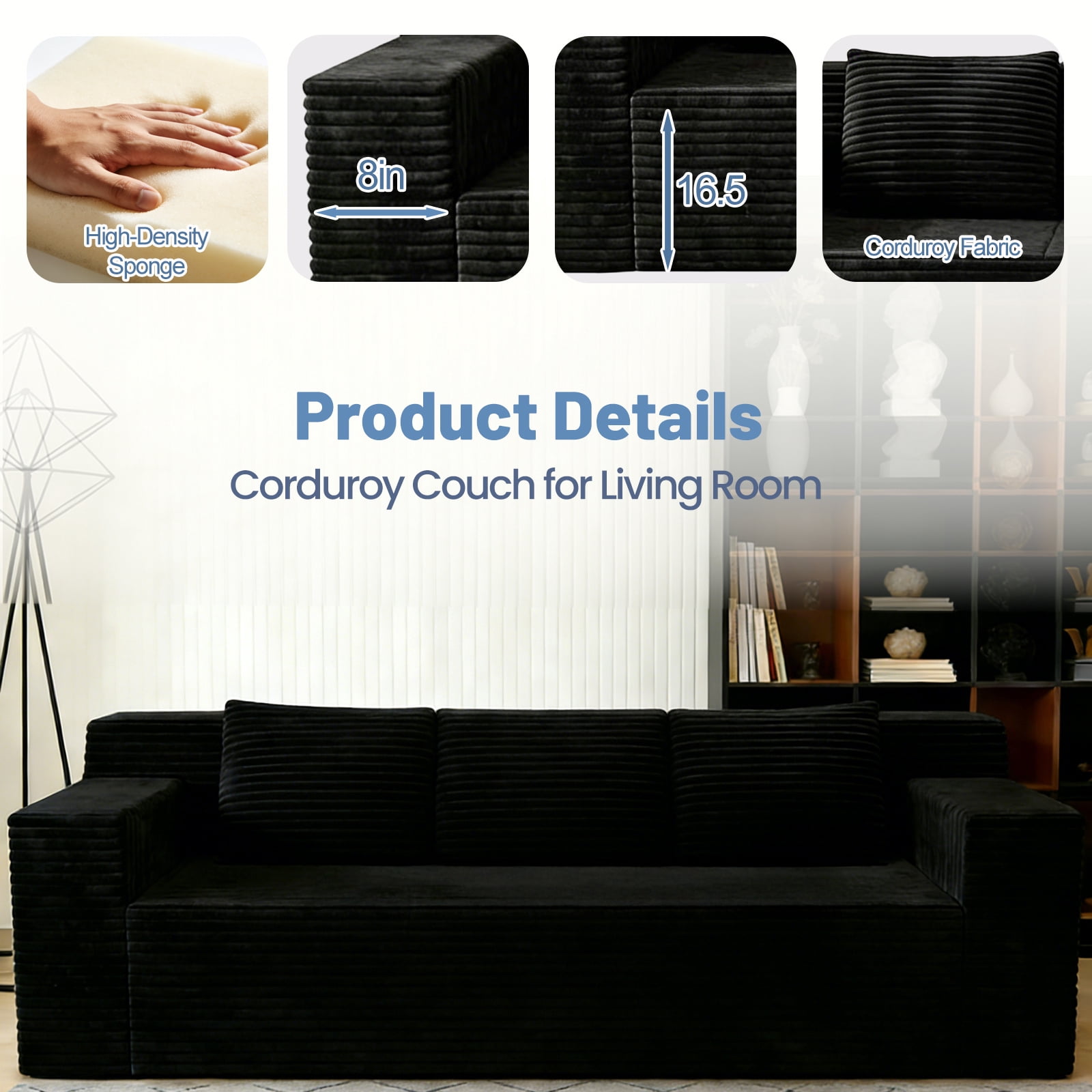 Sofa, Loveseat, Sectional Sofa&nbsp;with Corduroy Fabric, 71" Deep Seat Modular Floor Couch for Living Room, Bedroom, Apartment, No Assembly Required, Antique Black