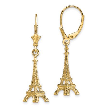 14k Yellow Gold Eiffel Tower Dangle Earrings for Women, Leverback Paris Landmark Jewelry with Romantic French Style and Travel-Inspired Fashion Appeal