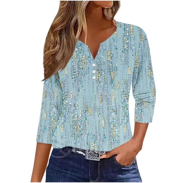 Camisetas de Manga Corta para las Mujeres Moda Impresa 3/4 Manga Cuello Redondo Top Casual para el Hogar Y Diario