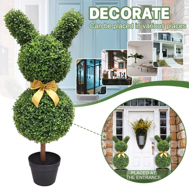 TETAIA 31 INCH Artificial Easter Bunny-Shaped Tree with Bowknot Topiary Rabbit Shaped Topiary Trees Uv-Resistant Faux Boxwood Topiaries Plant for Porch Ornament Easter Decor Outdoor Indoor Bunny Tree
