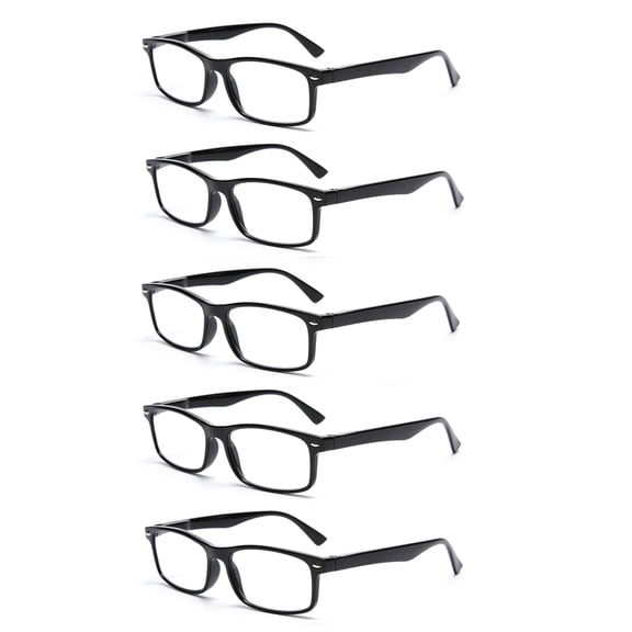 EYE ZOOM 5 Pack Unisex Rectangular Vintage Plastic Frame Reading Glasses for Men and Women, Black, 2.00