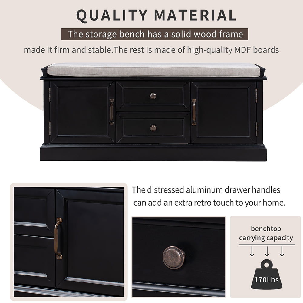 Lowestbest Storage Bench with 2 Drawers and 2 cabinets, Shoe Bench with Removable Cushion for Living Room, Entryway (Black) Lowestbest Storage Bench with 2 Drawers and 2 cabinets, Shoe Bench with Removable Cushion for Living Room, Entryway (Black)