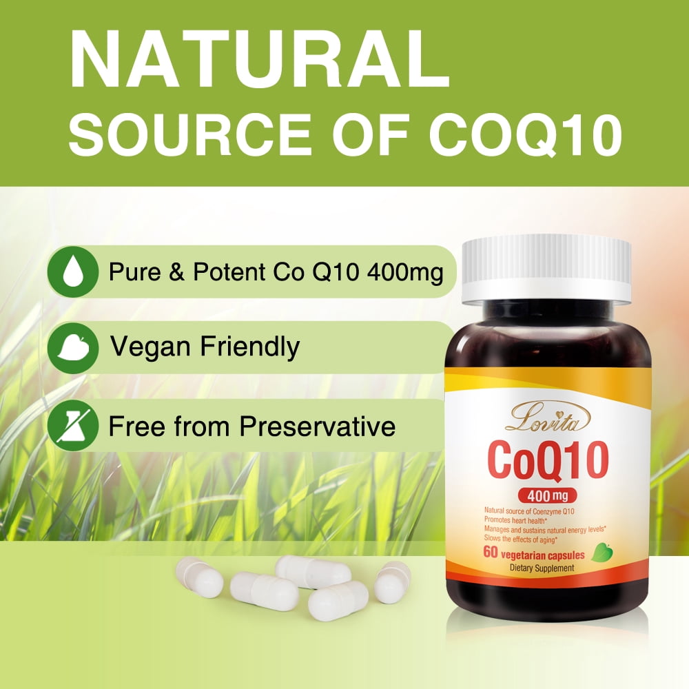 Lovita CoQ10 400mg Supplements from High Absorption Vegan Coenzyme Q10 Powder, Extra Antioxidant Co Q10 Enzyme for Blood Pressure Support & Heart Health, Vegan Friendly, 60 Capsules