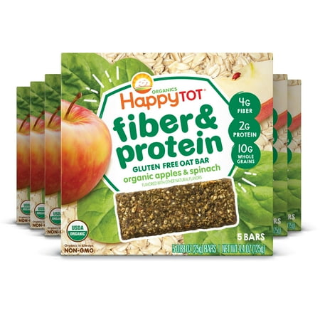 Happy Tot Organics Fiber & Protein Oat Bars, Apple & Spinach, Organic Toddler Snack, 5 bars per box (6 boxes)