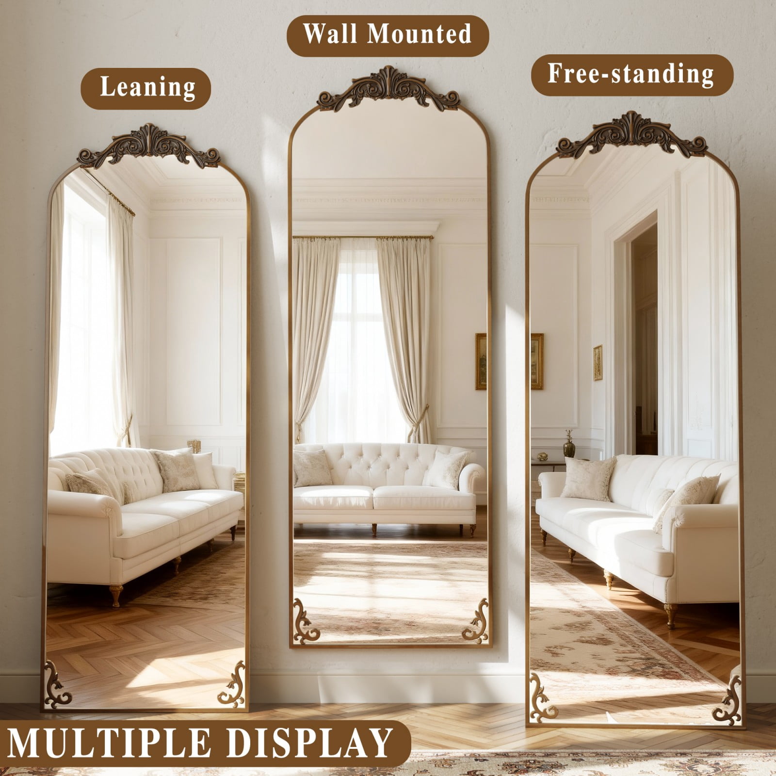 AUROMIR 64"x 21" Arched Full Length Mirror Vintage Floor Mirror with Carved Metal Frame, Antique Bronze