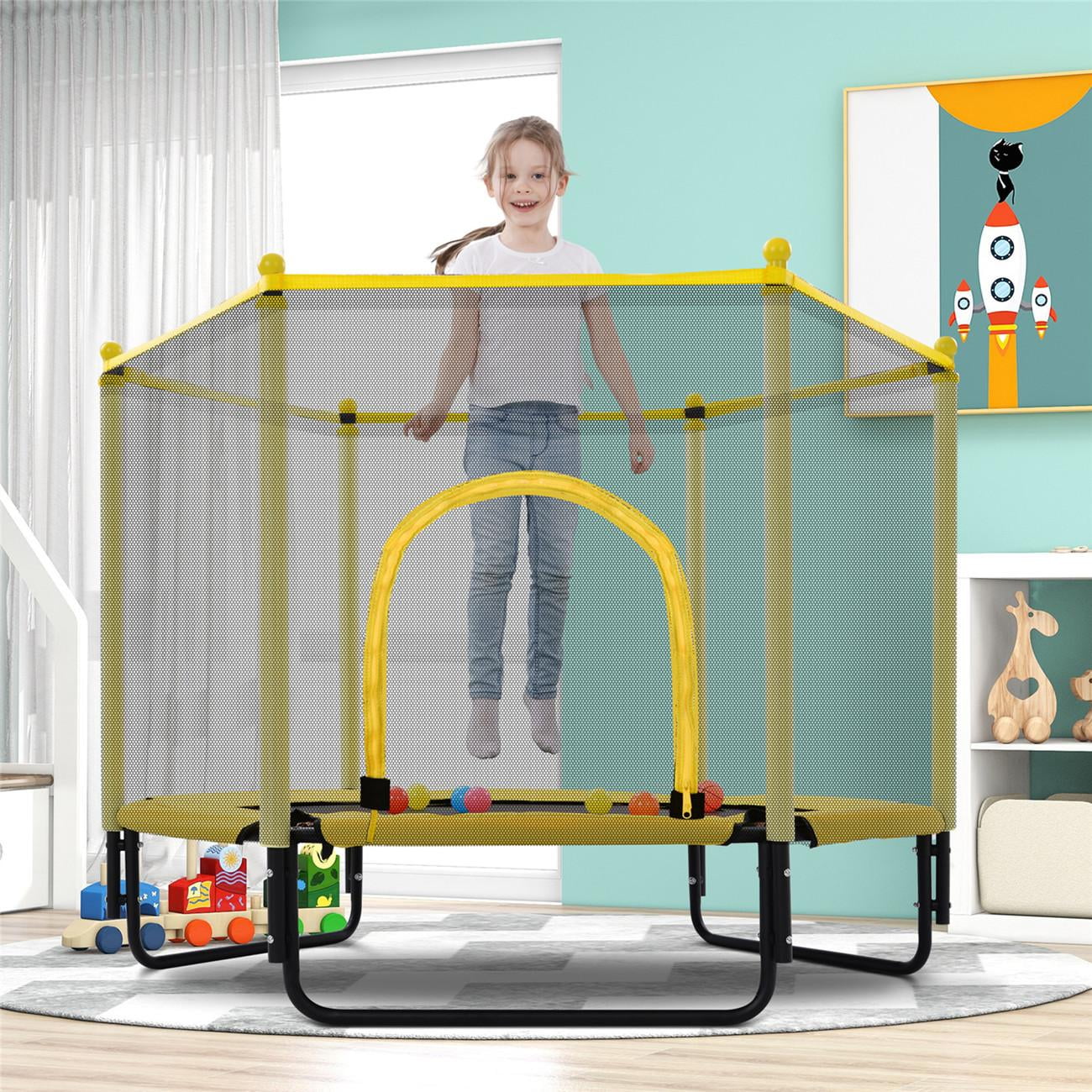 60'' Trampoline for Kids - 5ft Outdoor & Indoor Mini Toddler Trampoline with Enclosure, Basketball Hoop, Birthday Gifts for Kids, Gifts for Boy and Girl, Baby Toddler Trampoline Toys, Age 3-12, Yellow