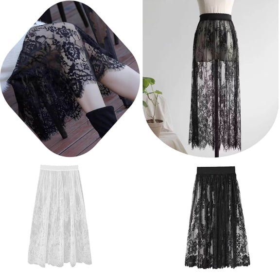 Samdudou Womens Skirts Maxi Skirt High Waisted Lace Long Skirt Sheer Overlay Elegant Evening Party Bottoms