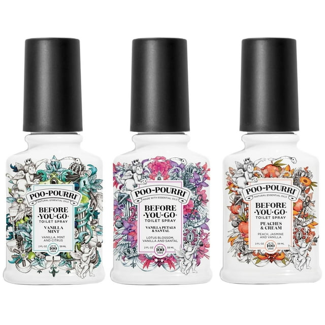 Set de aerosol para inodoro Poo-Pourri, vainilla y menta, pétalos de vainilla y santal y melocotones y crema, 60 ml
