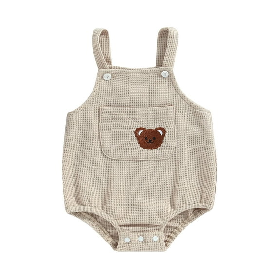 Arvbitana Baby Girls Knitted Romper Sleeveless Cartoon Bear Embroidery Sling Bodysuit Summer Casual Waffle Jumpsuit with Pocket 0-24M