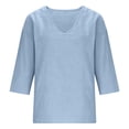 thumbnail image 4 of Oversized Tshirts for Women Casual V Neck 3/4 Sleeve Linen Blouse Loose Fit Solid Color Blue Summer Tops for Women, 4 of 5