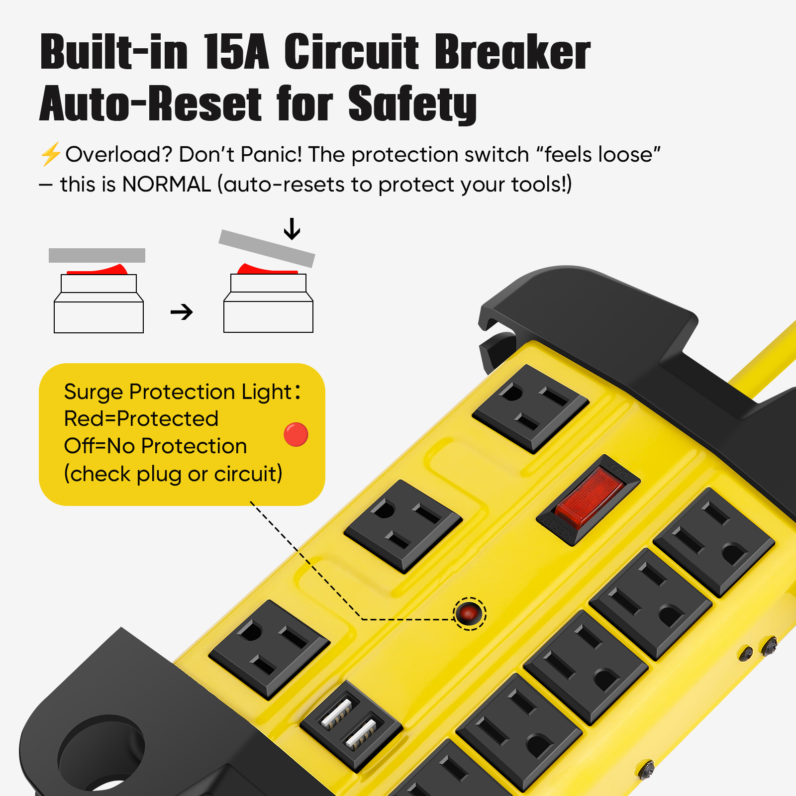 VILONG Heavy Duty Power Strip with USB, 8 Outlets, Yellow photo 5