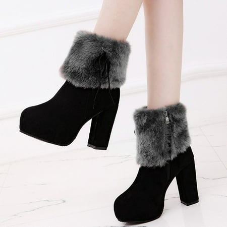 

Alueeu Women s high heels Women Winter Flock Zipper Warm High Square Thick Boots Round Toe Shoes