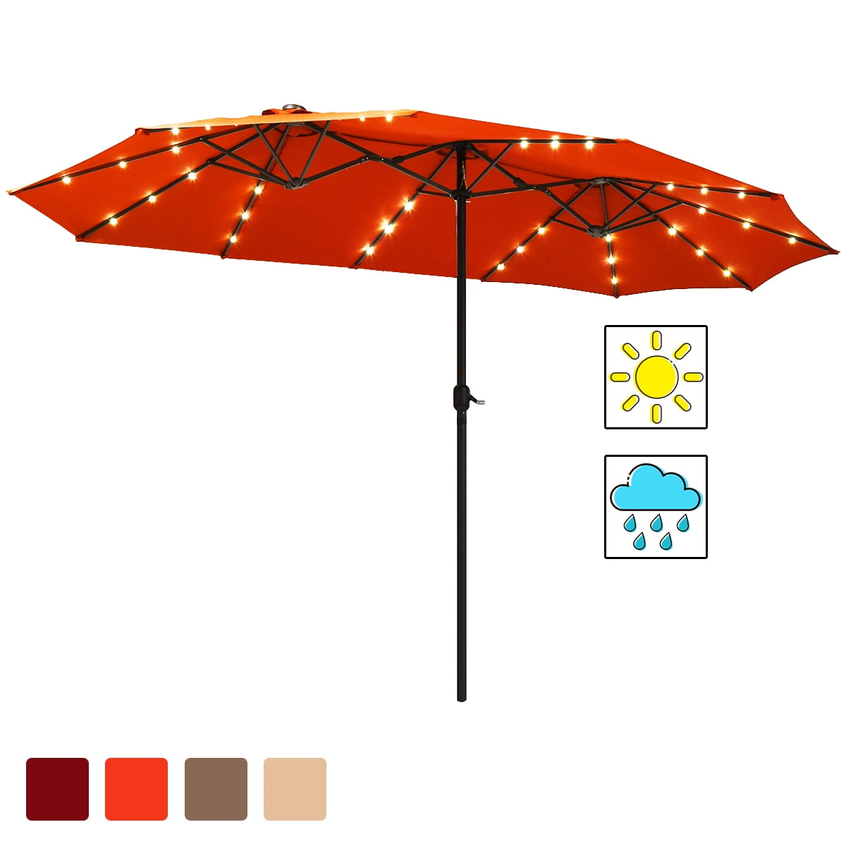 Costway 15' Orange Rectangle Market Patio Umbrella, Solar Powered, Crank, Water-Resistant