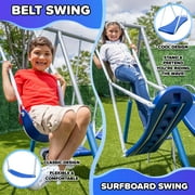Sportspower Super Surfer Metal Swing Set with Surfboard Swing, Skyflyer Swing, Standing Swing, on 6ft Slide, BONUS Anchor Kit