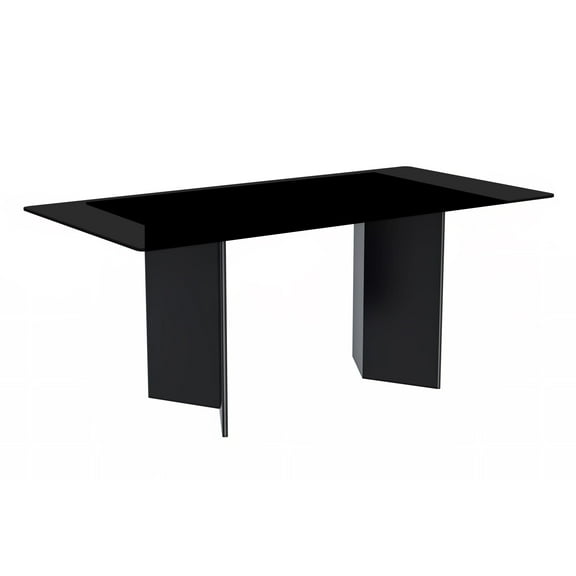 LeisureMod Olyra Dining Table Rectangular Kitchen Table with a 55" Wide Glass Tabletop and Steel Base for Home and Kitchen in Black