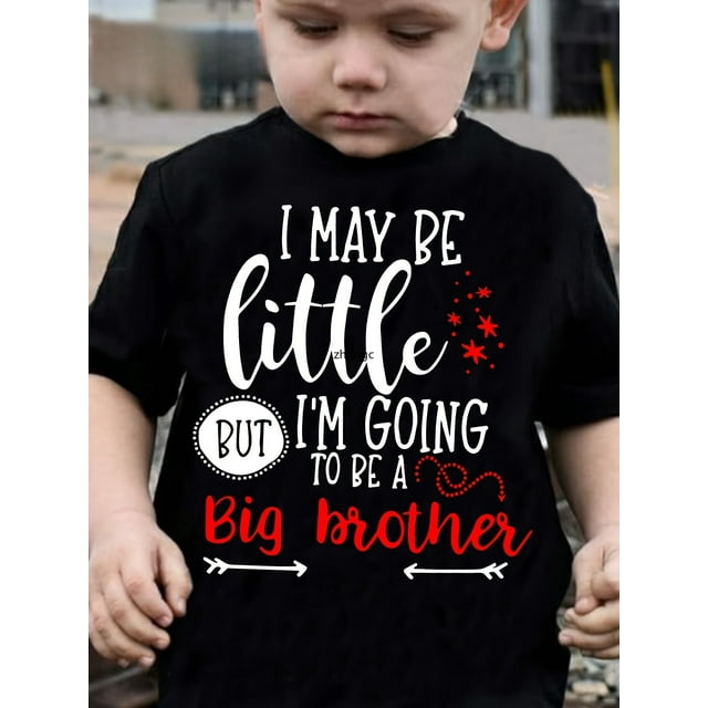 Boys' 'I May Be Little But I'm Going to Be a Big Brother' Creative Letter Print T-Shirt - Casual Crew Neck, Cotton, Machine Washable - Spring/Summer Fashion Tee for Youngsters, Tween Boy Clothes