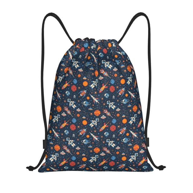 Xecao Spaceships And Stars In Outer Space Pattern Sports Drawstring Backpack - String Swim Gym Bag with Wet Proof Pocket for Women&Men-Small
