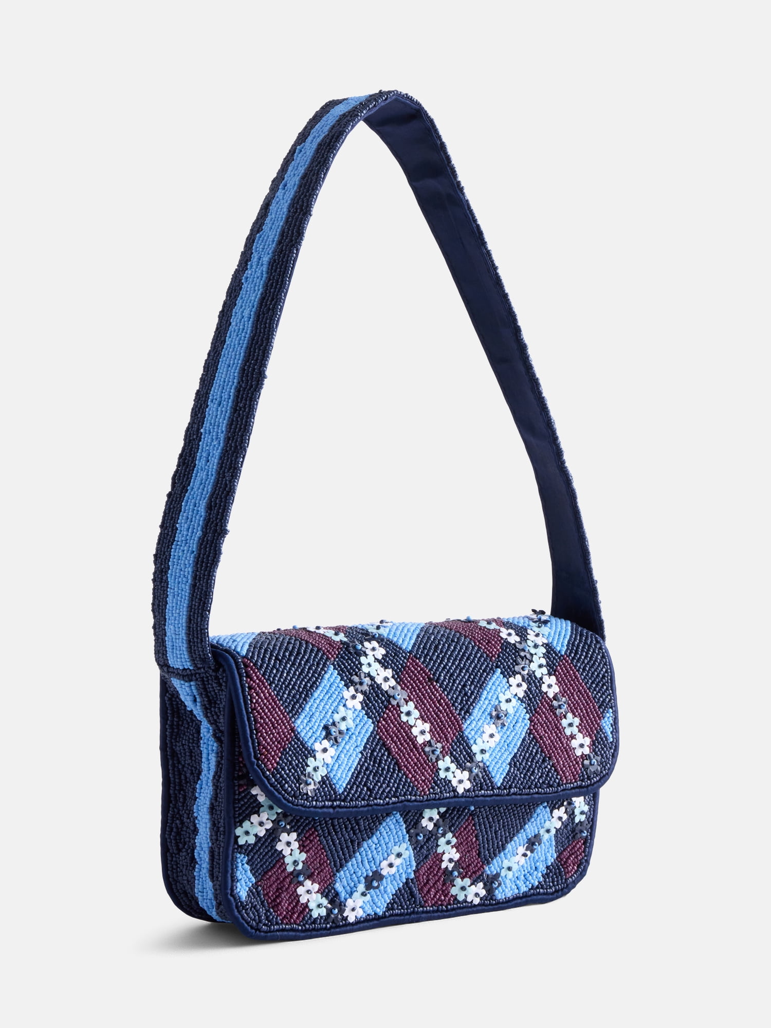 Free Assembly Women's Beaded Argyle Flap Shoulder Bag, Blue