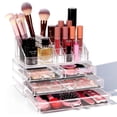 thumbnail image 1 of Organizador de maquillaje transparente de 3 niveles con caj&oacute;n, Organizador de Skincare Multifuncional con compartimentos Skincare, Labiales, Perfumes y Brochas para cambiador y cambiador de, 1 of 8
