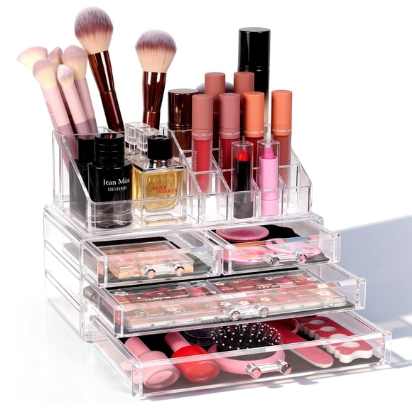 Organizador de maquillaje transparente de 3 niveles con cajón, Organizador de Skincare Multifuncional con compartimentos Skincare, Labiales, Perfumes y Brochas para cambiador y cambiador de