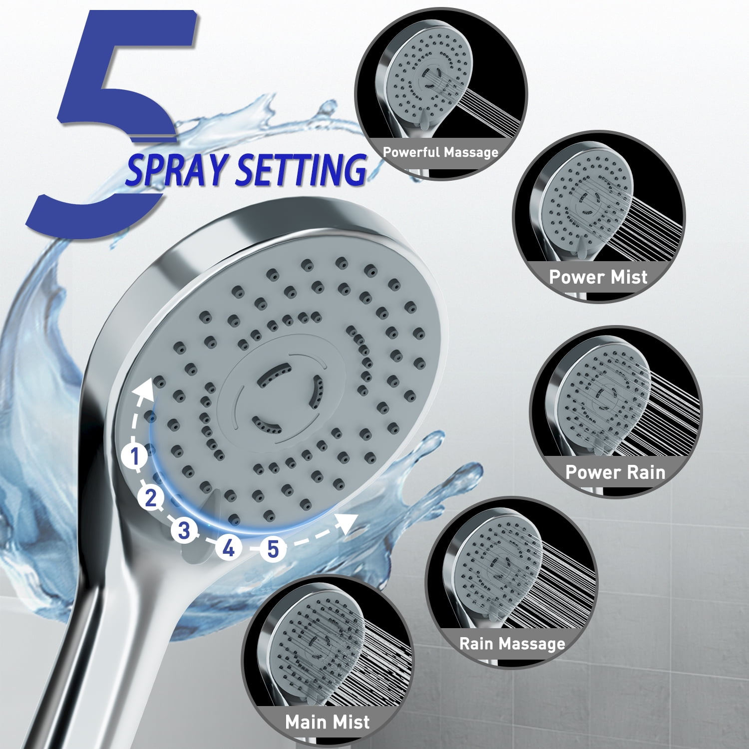 DTIG 12-Inch Rain Shower Head with 5 Settings, High-Pressure Handheld Showerhead, Bracket, and Hose, Silver
