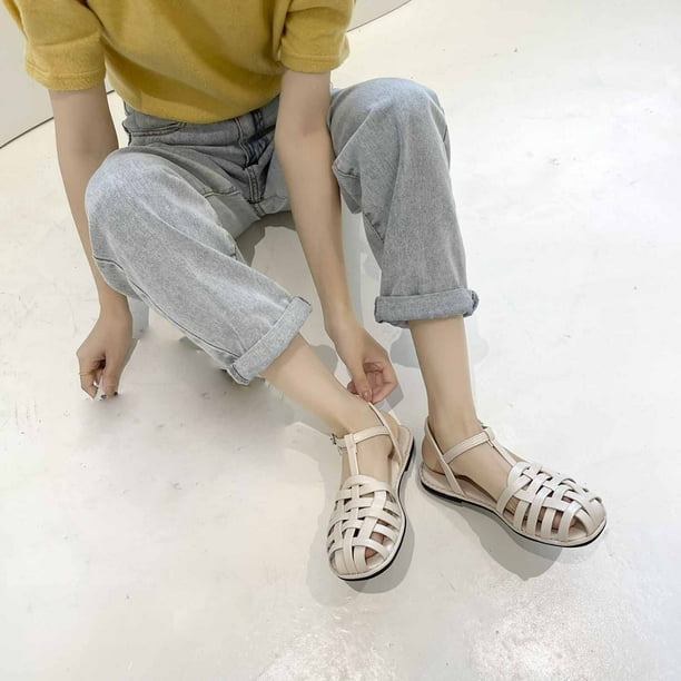 Sandalias romanas planas de nuevo estilo, sandalias tejidas informales con punta de hebilla para mujer Wmkox8yii shjk3477
