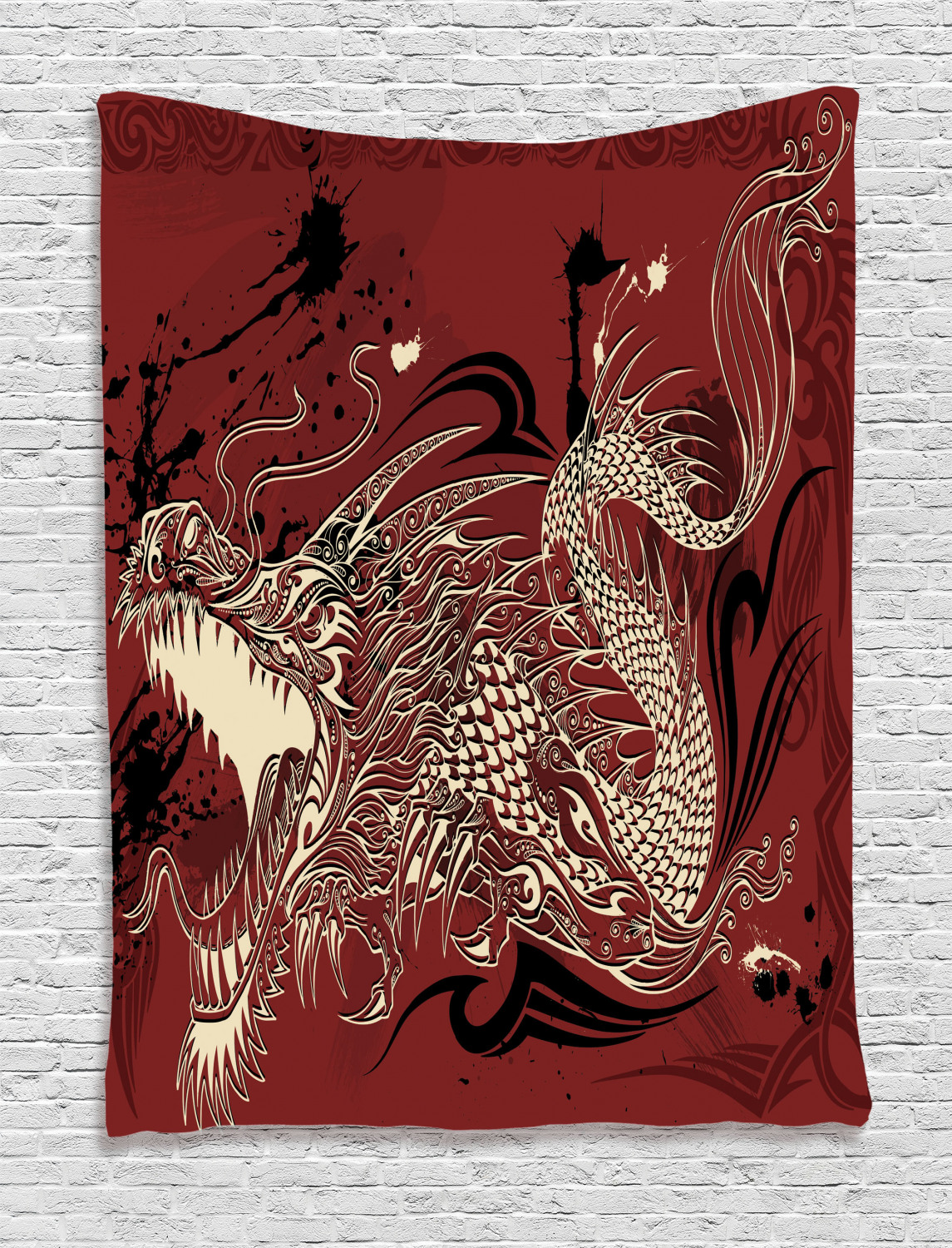 Dragon Tapestry, Angry Dragon Doodle on Grunge Background Japanese