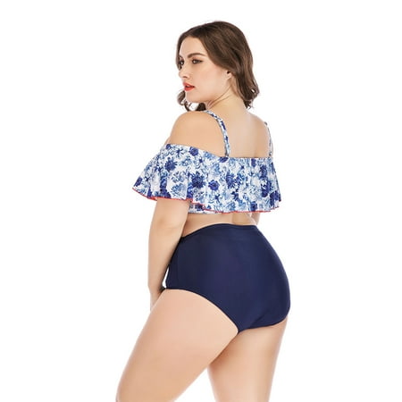 Clearance! Plus Size Swimsuits for Women, 2019 NEW Two Piece Swimsuit Slimming Bikini Set, Tummy Control Swimwear, Ruffle Off Shoulder Printed Bathing Suits Top with High Waisted Swimsuit (Best Plus Size Bikini 2019)