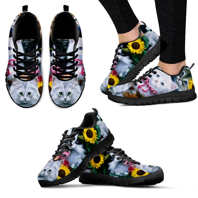 Zapatos planos cómodos con diseño de gatito/gato para mujer, zapatillas con cordones y estampado de girasoles, zapatillas casuales con flores para mascotas