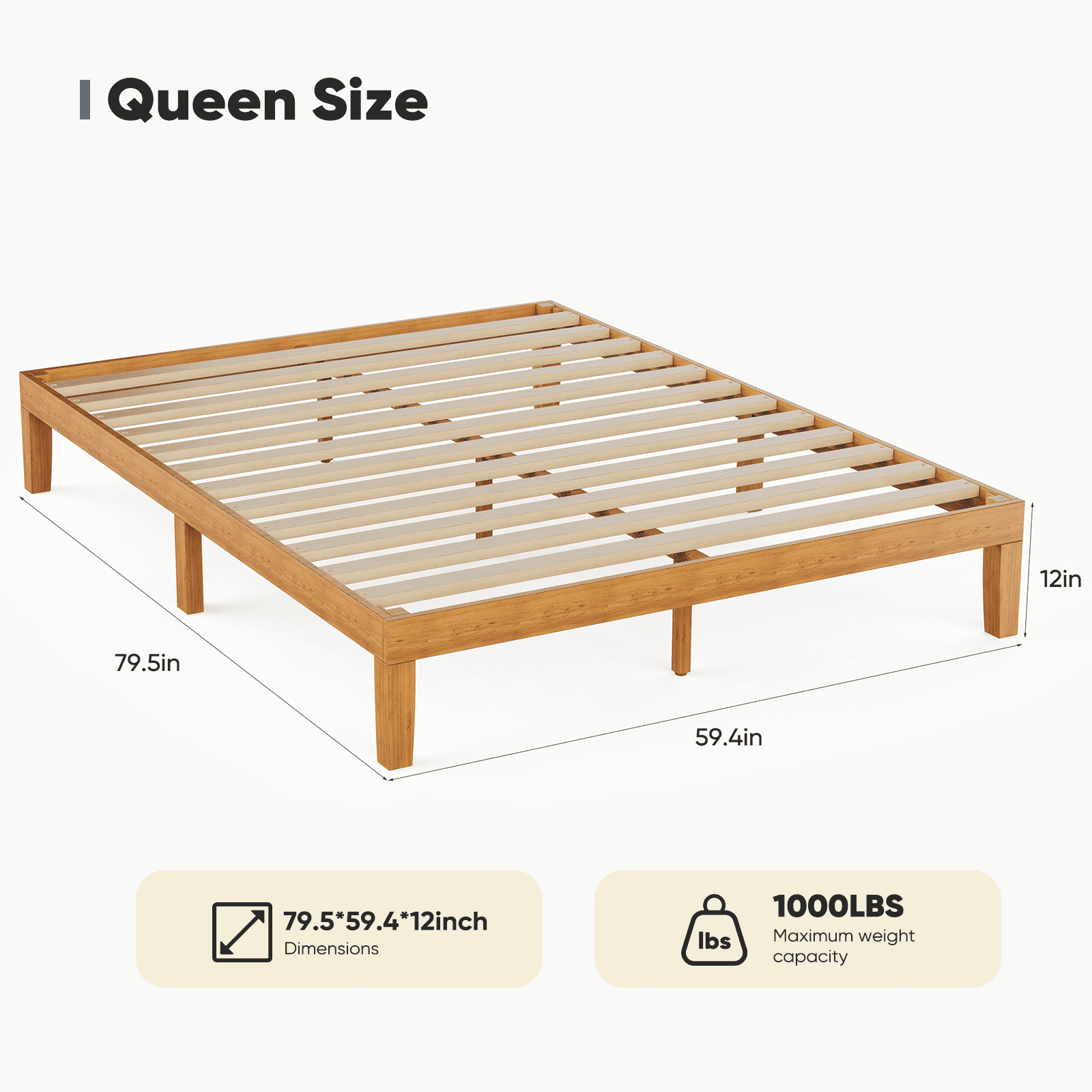 MAYEERTY Queen Wood Bed Frame - Natural Pine, Support Slats, Mattress Foundation​