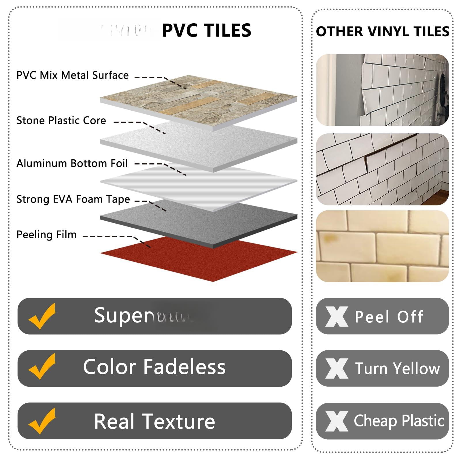 2 Sheets Peel And Stick Backsplash Tile  On For Kitchen Bathroom Stone Beige Marble Look Pvc Mixed Metal Self Adhesive Wall Tiles