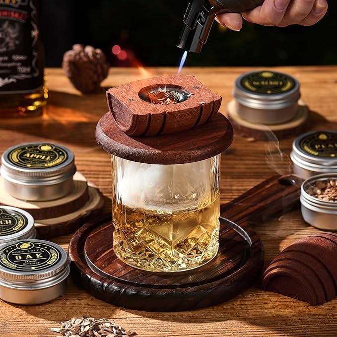 Whiskey Smoker Kit with Torch - 6 Flavors Wood Chips, 2 Glasses, 2 Ice Ball Molds - Cocktail Smoker Infuser Kit, Old Fashioned Drink Smoker Kit, Birthday Bourbon Whiskey Gifts for Men,Dad(NO Butane)