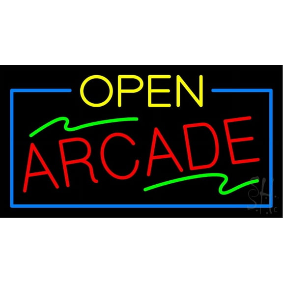 Yellow Open Red Arcade LED Neon Sign 13 x 24 - inches, Black Square Cut Acrylic Backing, with Dimmer - Bright and Premium built indoor LED Neon Sign for wall décor, arcarde, and storefront.