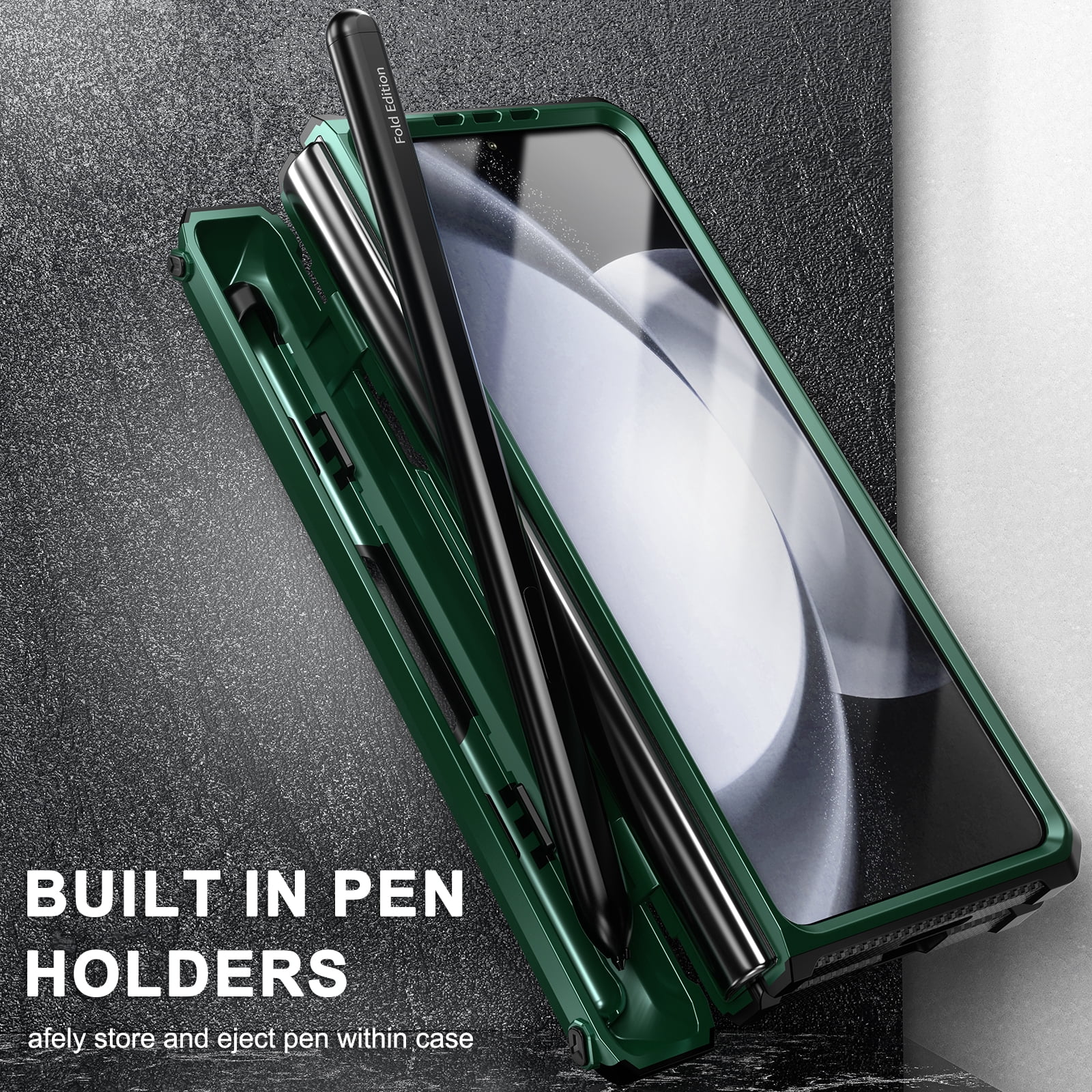 ELEHOLD Rugged Hybrid Case for Samsung Galaxy Z Fold 5 with Built-in Screen Protector Hidden Kickstand Pen Slot Heavy Duty Full Body Shockproof Case with Stylus Pen for Samsung Z Fold5 2023,Green