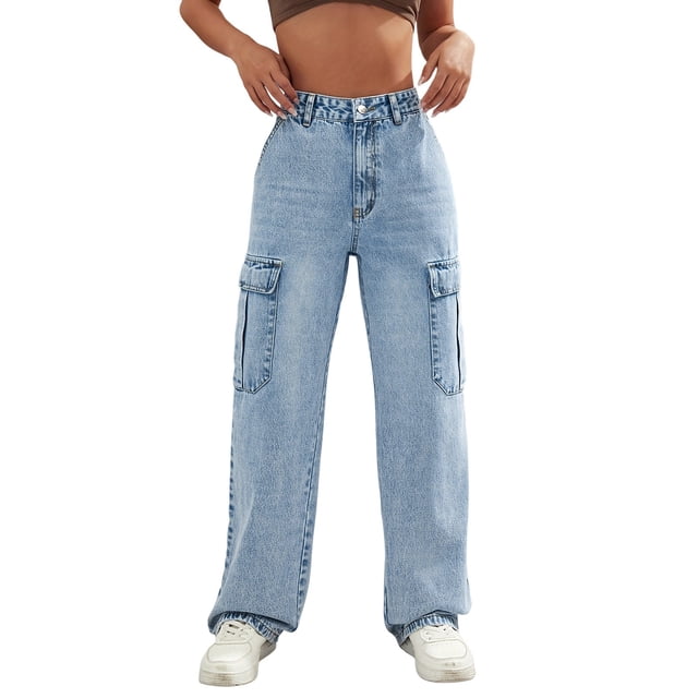 Pantalones Slim Fit Gibobby de calle de cintura alta para Mujer vaqueros con bolsillos grandes azul XS