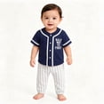 thumbnail image 6 of mgoYE 2Pcs Toddler Baby Boy Summer Baseball Outfit Set 6-12 Months Short Sleeve Baseball Button T-Shirt Top and Striped Pants Clothes Blue, 6 of 6