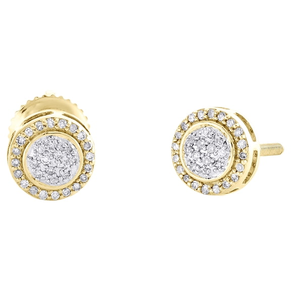 10K Yellow Gold Genuine Diamond 6.5mm Unisex Circle Halo Stud Earrings 0.12 CT