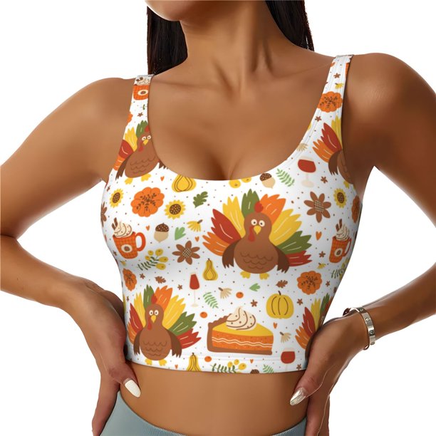 Balery Thanksgiving With Turkey Sujetadores deportivos con espalda cruzada para mujer, acolchados, sin costuras, de alto impacto, ideales para yoga, gimnasio, entrenamiento y fitness.-Medium