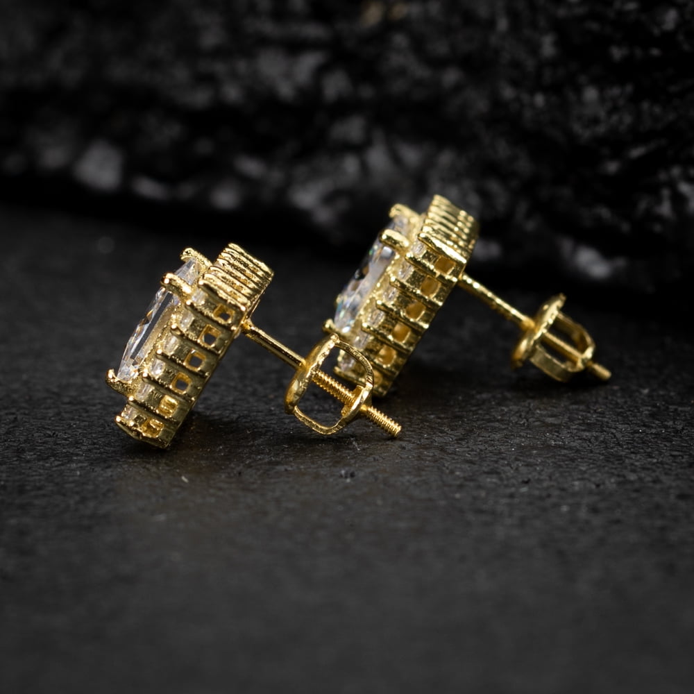 Square Princess Cut Halo Gold Sterling Silver Stud Screw Back Earrings