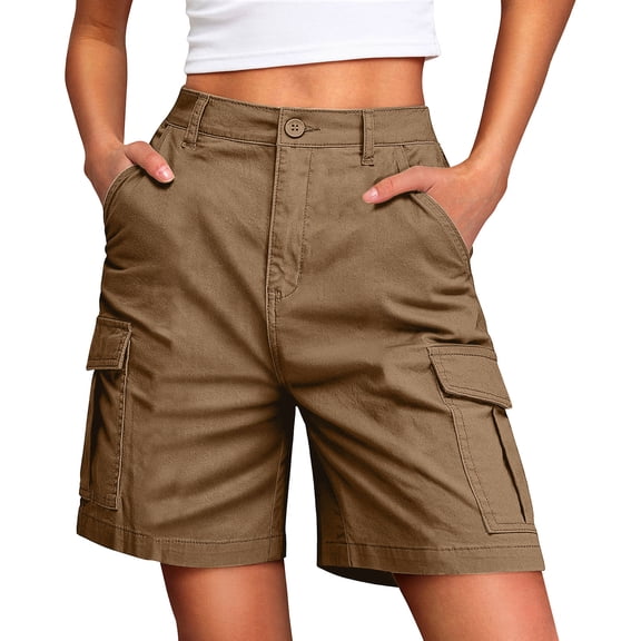 Ecqkame Bermuda Cargo Shorts for Women Elastic High Waist Athletic Shorts Summer Casual Multiple Pockets Workout Shorts Brown S